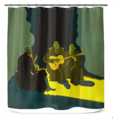 Close-up of NS-801 shower curtain material, highlighting water-resistant feature and pattern detail.